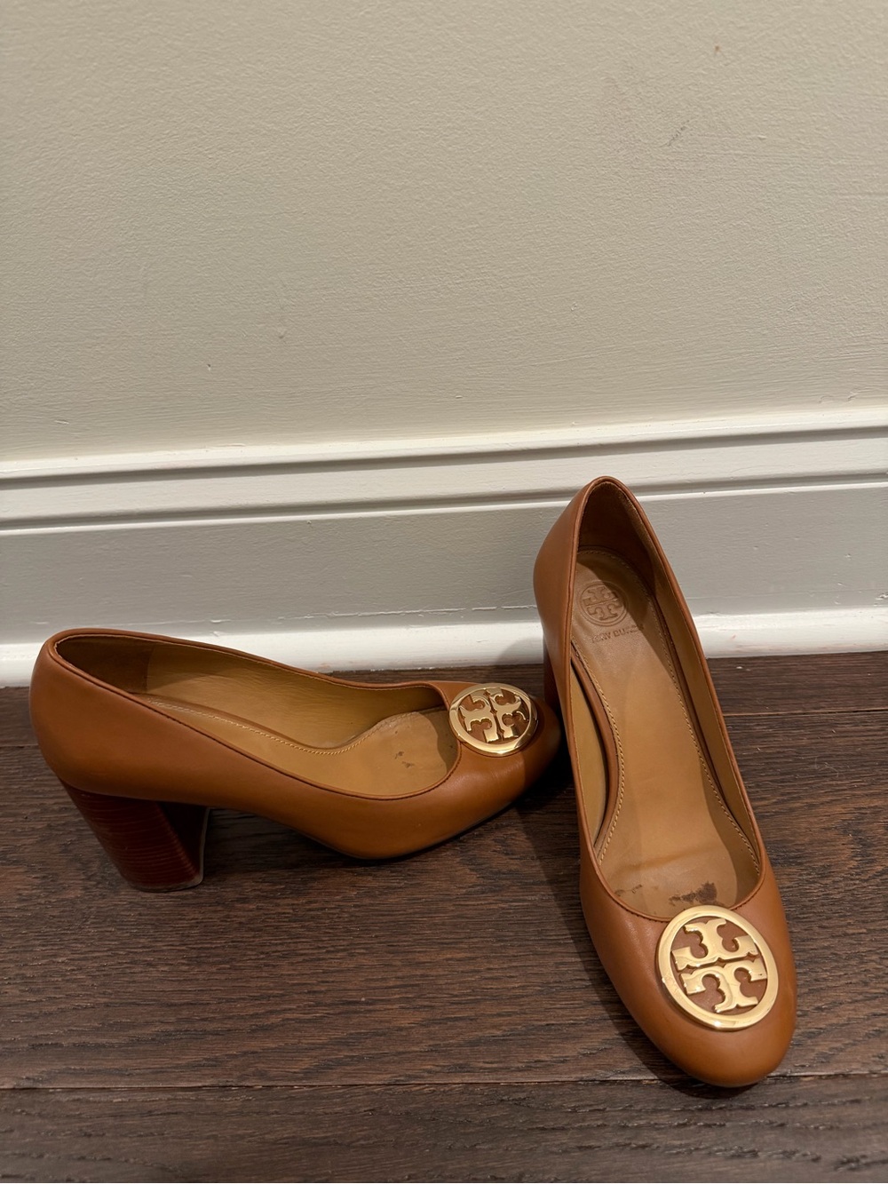 Tory Burch Chestnut Leather Block Heel Pumps with Gold Logo
